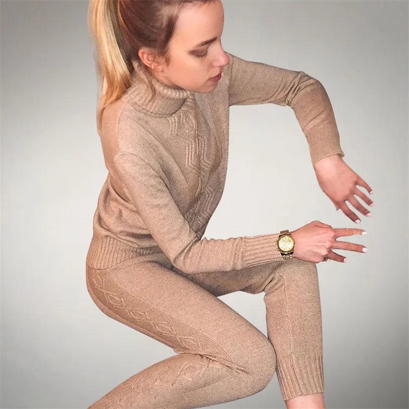 

Taotrees Wool Knitted Suits high Collar Pullover Sweater + Long Pants two-piece set knit costume