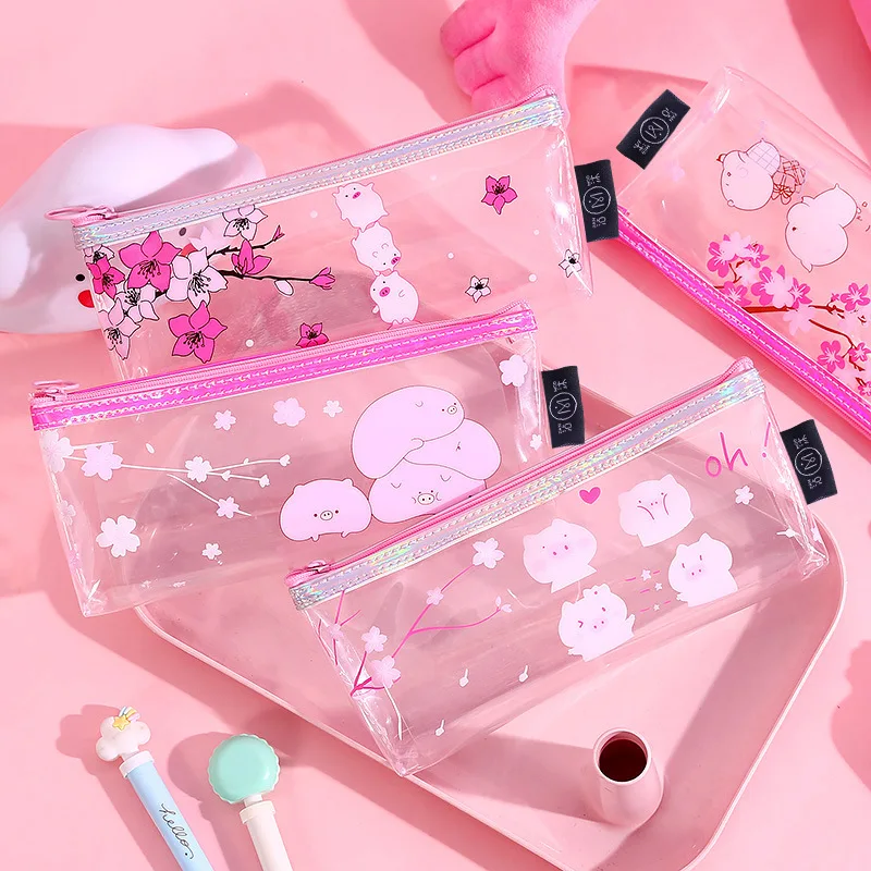 

Transparent TPU Pig pencil cases for girls Cute Sakura pen bag Staionery pouch gift pencilcase school supplies Zakka