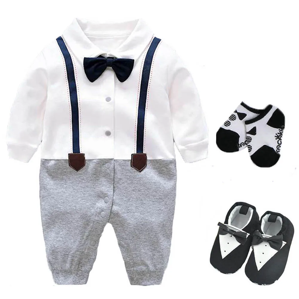 Костюм-смокинг для свадебной вечеринки для новорожденных мальчиков, костюм для малышей 0-18 месяцев: боди+ шапка+ носки+ обувь, комплект одежды, подарок для маленького джентльмена - Цвет: 3 pcs set F