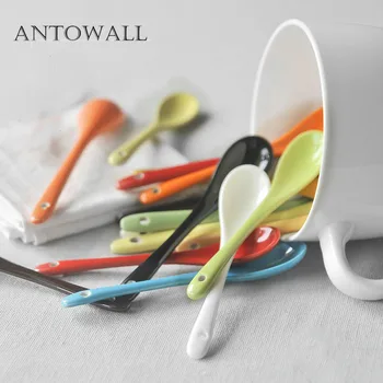 

ANTOWALL Colored long handle ceramic tableware spoon coffee milk mini stirring spoon ice cream scoop salt sugar small spoon