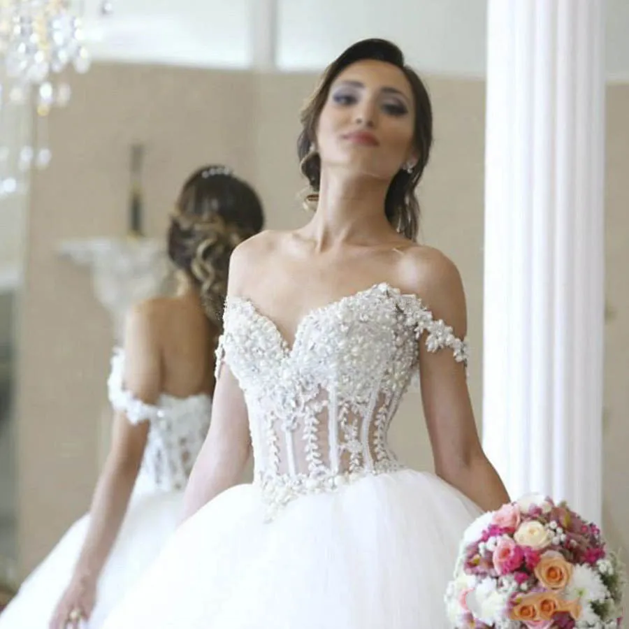 Robe De Mariage с открытыми плечами короткий рукав Жемчуг Дубай турецкие свадебные платья развертки поезд vestido noiva 2019