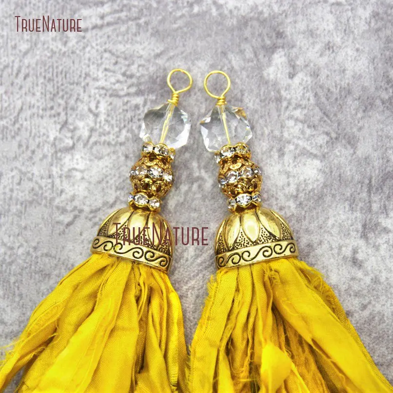 

10 шт. желтая шелковая кисточка Sari с кристаллом и золотым цветом, бриллиантовая пряжа, лента с подвеской PM20059