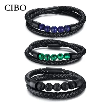 

Men's Leather Bracelet Double Wrap Handmade Black Braided With Lapis Lazuli Nature Stone Beads Magnetic Wristbands For Male