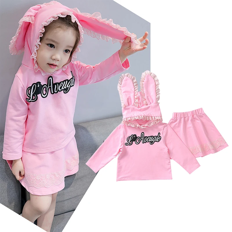 

Spring autumn lacing rabbit ear letter patch baby hoodie tee + mini skirt girls 2 pcs set kid suit children clothes 80-126cm