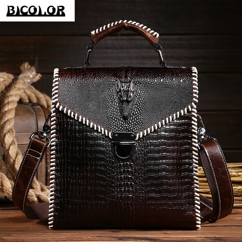 ФОТО BICOLOR Unique Edition Vintage Business Men Messenger Bags High Quality Genuine Leather Bag Men Alligator Pattern Shoulder Bag