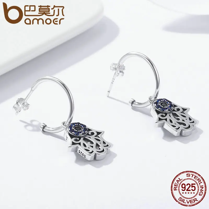 Koop Bamoer Hot Koop 100% 925 Sterling Zilveren Lucky Hamsa Hand Ronde Hoepel Oorbellen Voor Vrouwen Mode Sterling Zilveren Sieraden SCE244