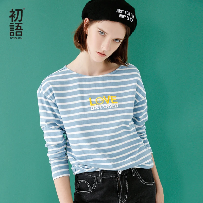 

Toyouth Blue And White Striped Autumn T-shirts For Women Loose O Neck Cotton T-shirt Letters Embroidery Tops Camiseta Feminina