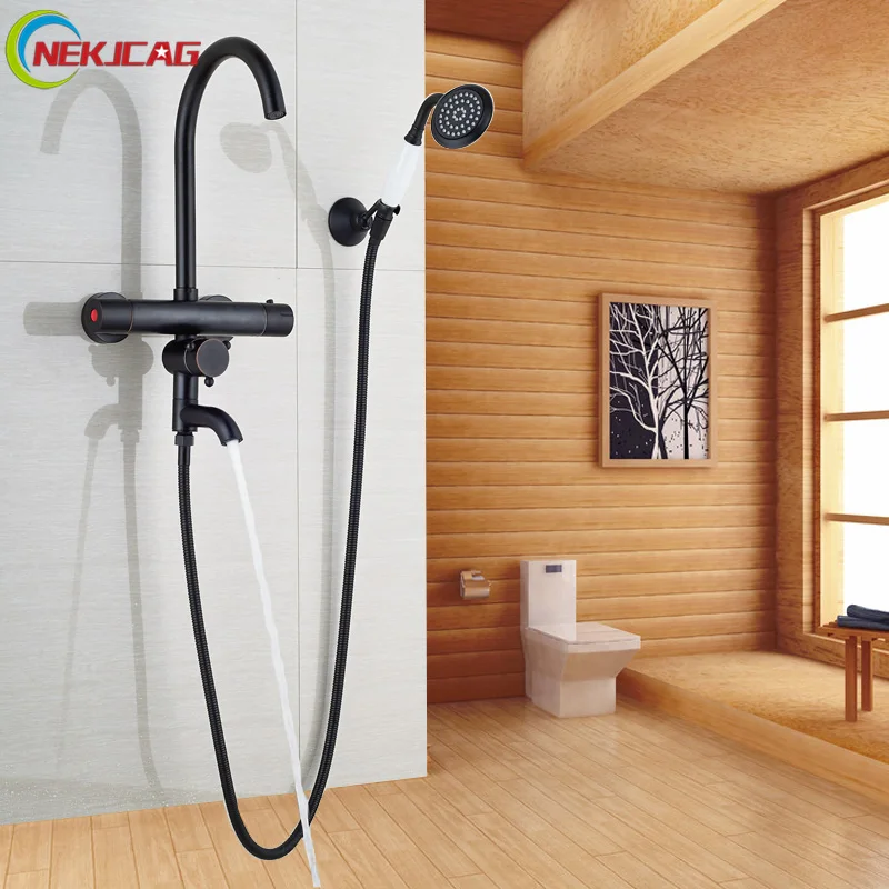 

Luxury Wall Mounted Bath Tub Sink Faucet With Handshower Thermostatic Mixer Valve Shower Water Taps with Bracket
