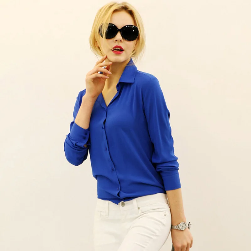Женские блузки на пуговицах 5 однотонных цветов новая рубашка с длинным рукавом женская шифоновая блузка женская тонкая одежда blusas feminina - Цвет: Синий