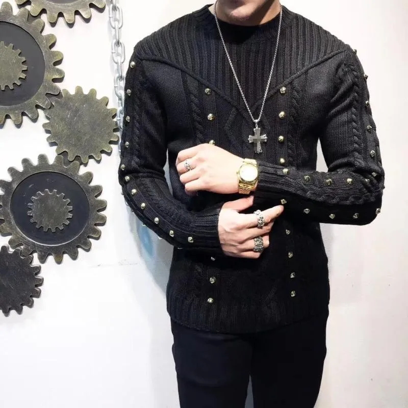 Зимняя мужская кофта с заклепками пуловер Masculino Тонкий прилегающий вязаный свитер с длинным рукавом черный Жаккардовый переплетенный джемпер свитер