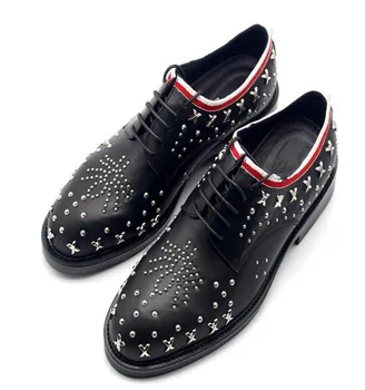 

Men Round Toe Lace-up Oxford Shoes Autumn Winter New Handmade Rivets Beeswax Striped White Cloth Dress Shoes Derby Shoes