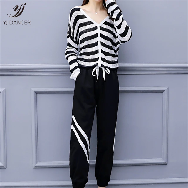 Best Price 2018 Female Autumn Suit High quality New lLarge Size Women's Loose Striped Sweater Sweater + Casual Pants Two-Piece Suit H0134 Best Price 2018 Female Autumn Suit High quality New lLarge Size Women's Loose Striped Sweater Sweater + Casual Pants Two-Piece Suit H0134