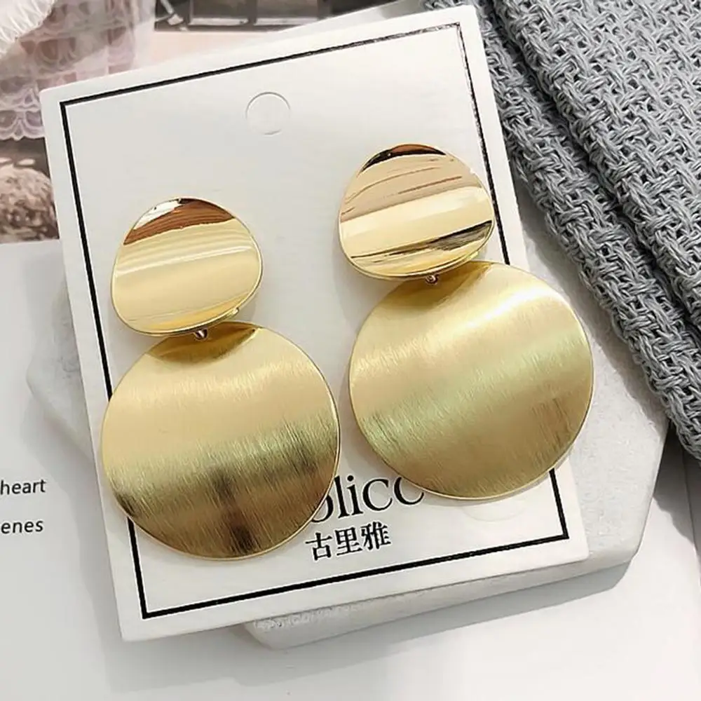 

2019 Trendy New Fashion Gold Round Metal Earring For Women Silver Shiny Smooth Long Drop Earrings Statement Jewelry