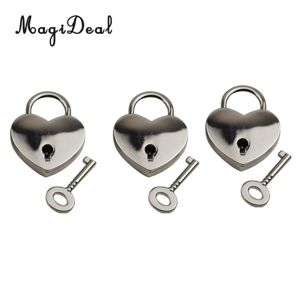 

MagiDeal Lot of 3 Alloy Vintage Style Mini Padlock Key Lock Heart Shaped for Collectibles Children Kids Novelty Gift Toy -Silver