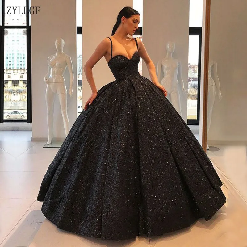 ZYLLGF Sparkly Long Puffy Evening Dress 2019 Sweetheart Sleeveless Dubai Women Black Arabic Style Formal Gown MC110 | Свадьбы и