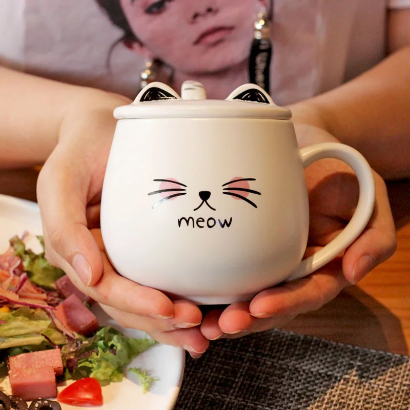

Higt Quality Couple Cat Ceramics Mugs Cute Kids Breakfast Cups Office and Home Coffee Tea Mug with Spoon Lid Drop Shipping