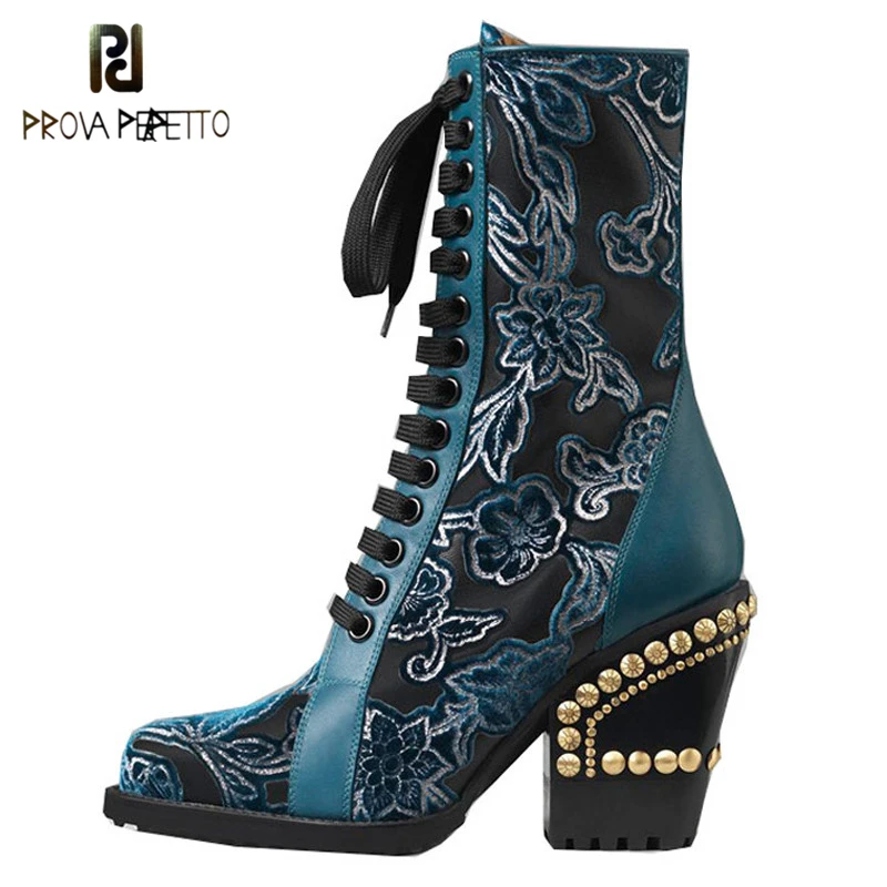 

Prova Perfetto 2019 Fashion Design Ankle Boots Women Pointed Toe Rivet Embroider Real Leather High Heel Boots Woman Short Boots