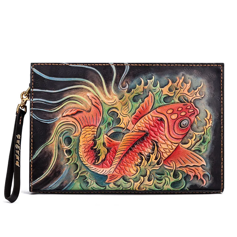 

Handmade Vintage Personality Envelope Bag Crossbody Bag Top Layer Leather Carving Squid Chinese Style Clutch Bag