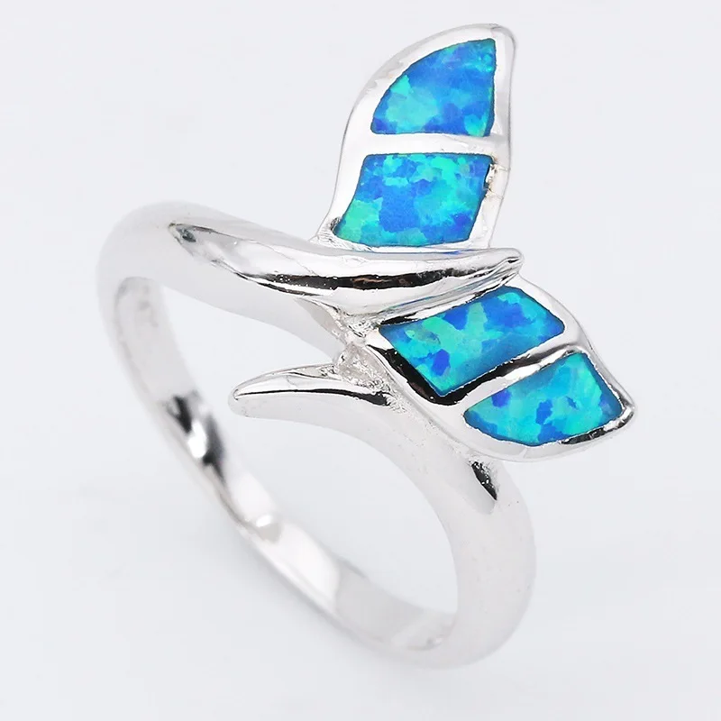 Модное Кристальное кольцо с голубым опалом, морским хвостом русалки, Кита, для женщин, для женщин, серебряное, заполненное, свадебное, океанское, животное, ювелирное изделие, подарок