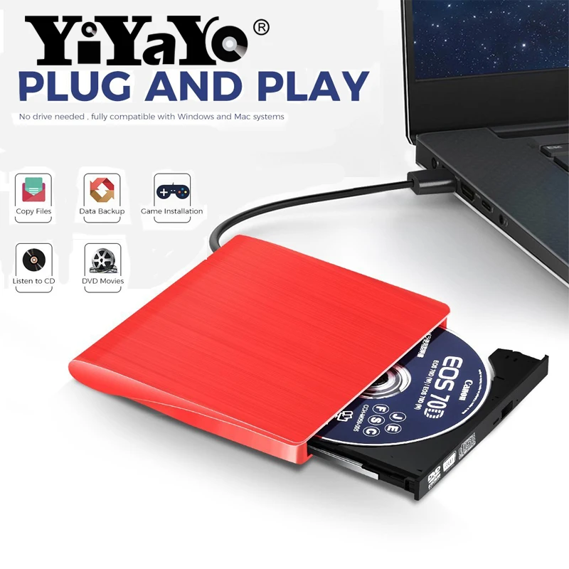 YiYaYo Внешний USB 2,0 CD/DVD Плеер ридер ультра портативный DVD-R горелки Писатель всплывающий мобильный привод для ноутбука Mac OS Windows