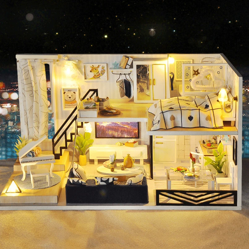 

Doll House Furniture Diy Miniature Dust Cover 3D Wooden Miniature Dollhouse Toys for Children Birthday Gifts LOFT VILLA