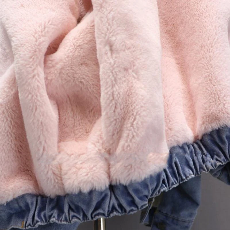 Promo New Autumn Winter Thick Warm Denim Jacket Female Faux Big Fur Collar Fleece Hooded Jean Jacket Wome