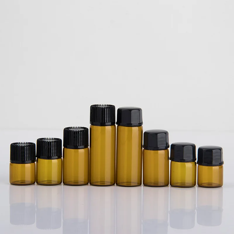 

50pcs/lot 1ml,2ml,3ml,5ml Mini Empty Essential Oil Bottle In Refillable Drams Amber Glass Bottle With Plastic Lid Insert