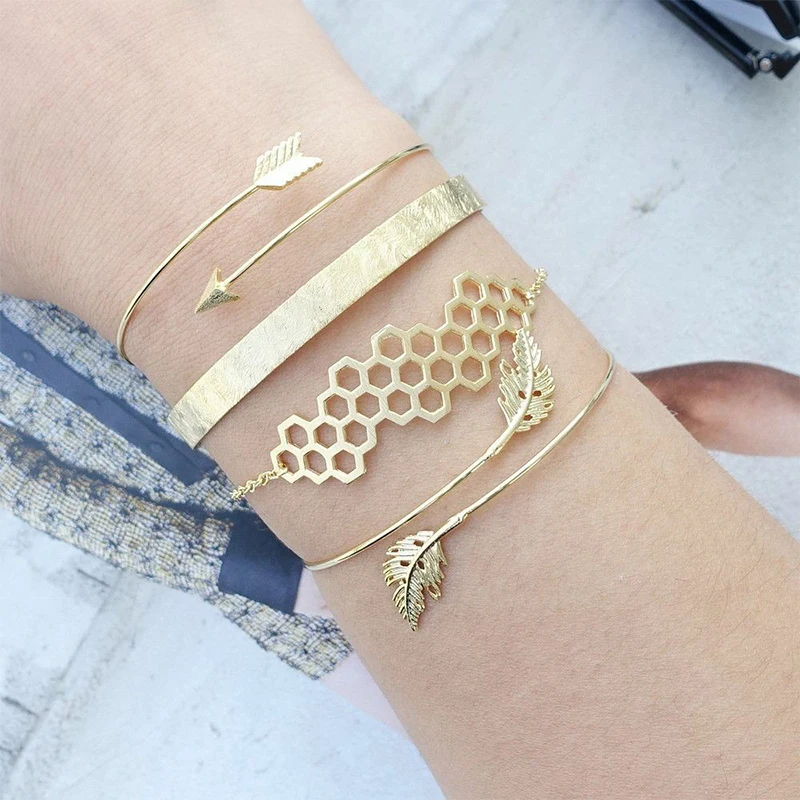 Изысканная резьба листья стрелы полые круглые золотые цепи открытие браслет женский Шарм партия браслет набор комбинация подарок любовника