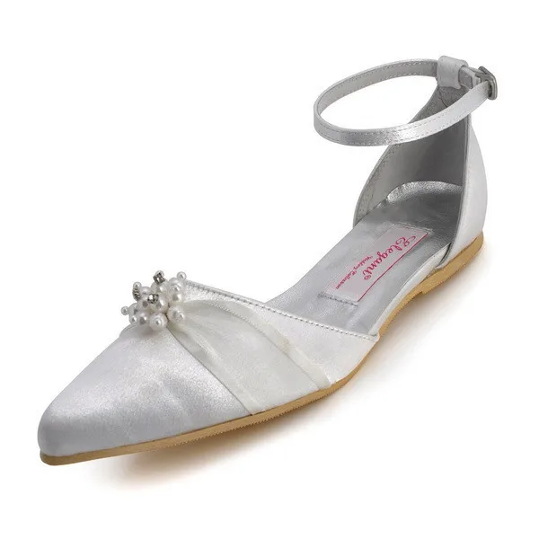 

A711 Women Flats Pointed Toe Pearls Rhinestone Ankle Strap low Heel Wedding Bridal Shoes Satin Ladies bride mother Prom party