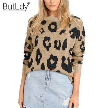 

Leopard Sweater Women Knit Pullovers Autumn winter Fashion 2018 Loose Knitwear Long Sleeve Casual Vintage Jumpers Ladies Tops