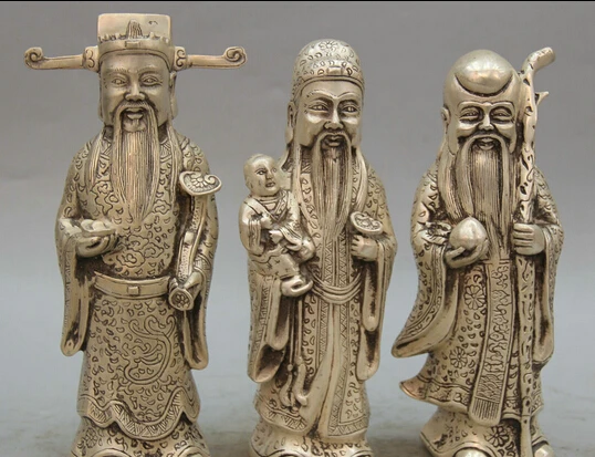 

JP S0524 8" Chinese Silver stand Feng Shui 3 Longevity God Fu Lu Shou Life Statue Set B0403