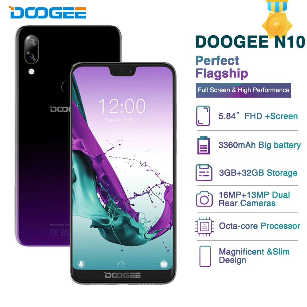 Doogee N10 Восьмиядерный Android 8 1 смартфон 3 ГБ 32 5 84 дюймов FHD + 19:9 дисплей 16 0 Мп камера 3360