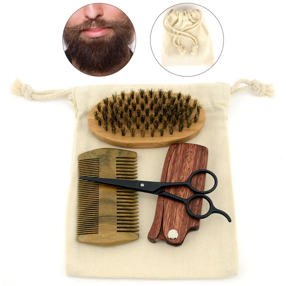 baratas ZY Men Shaving Kit Escova de Cerdas Macias de Bambu Bigode Barba Tesoura Cisalhamento Natural Sandália de Madeira Pente Dobrável + Saco de Lona Livre