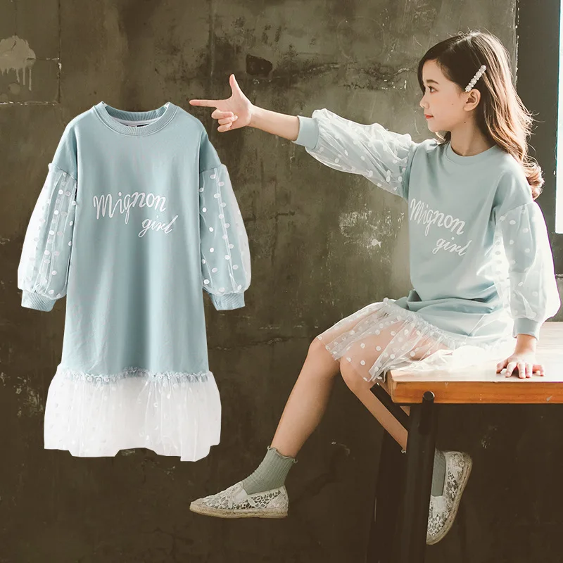 

2019 Girls Autumn Sweater Dress Children Clothes Sweet Wave Dot Lace Yarn Lantern Long Sleeves Letter Print Girl Fall Dresses