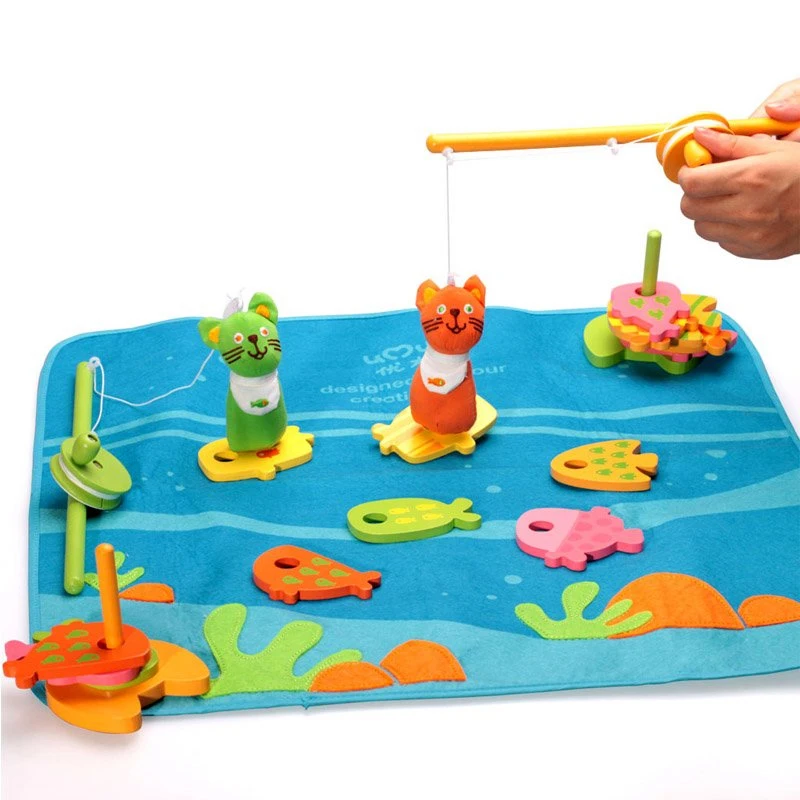 Wooden Children Fishing Kitty Toys 14 Fishes 2 Sea Fishing