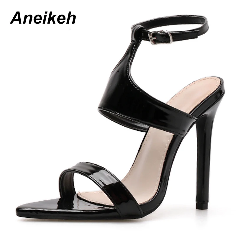 

Aneikeh 2019 New Fashion PU Sandals Shallow Mouth Pointed Toe High Heels Sexy Feet With Buckle With Stiletto High Heel Sandals