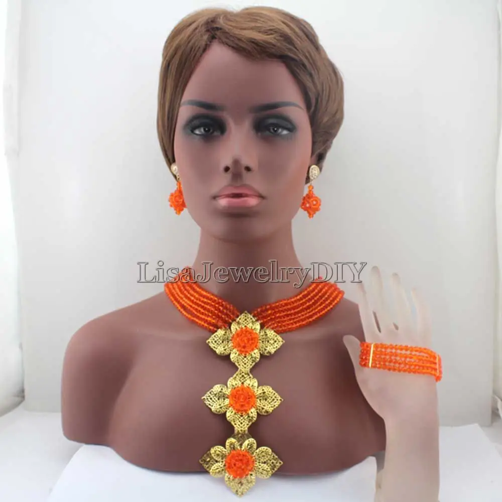 African Beads Jewelry Sets Nigerian Wedding African Orange Crystal