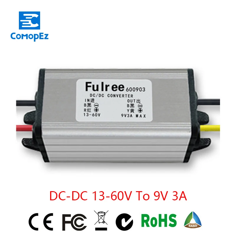 

Power Supply Converter DC/DC Step-down 12V/24V to 9V 3A Waterproof Control Car Module Low Heat Auto Protection Size 54*35*21mm
