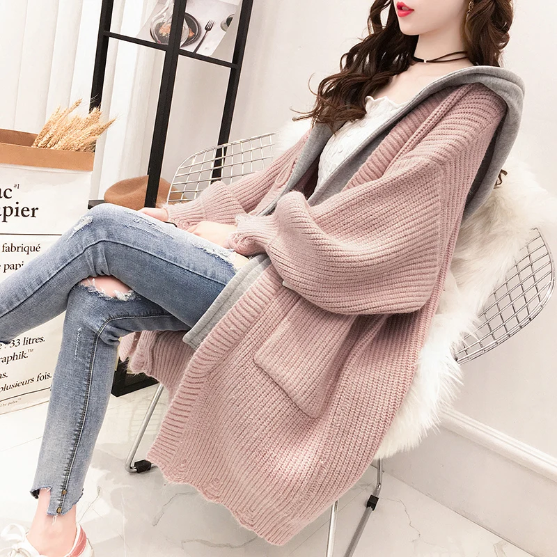 

2019 autumn women new Medium length fake two Horn buckle thick sweater cardigan coat gentle wind hooded Sweater coat Female z64