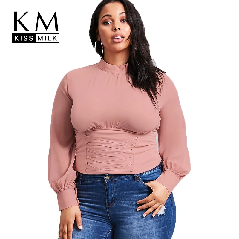 

Kissmilk Women Plus size Lantern Sleeve Hollow Out Short Zipper Back Solid Cross Front Shirt Large Size Stand Neck Shirt