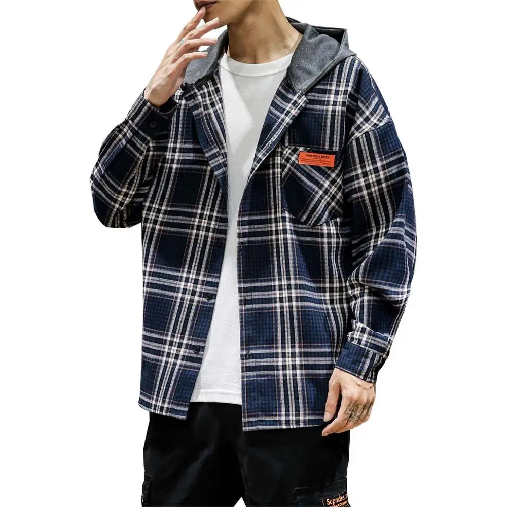 

Free Shipping Plus Size 2019 Autumn Student Hooded Shirt Men Fashion checked Long Sleeve Plaid Shirt Casual Streetwear soft