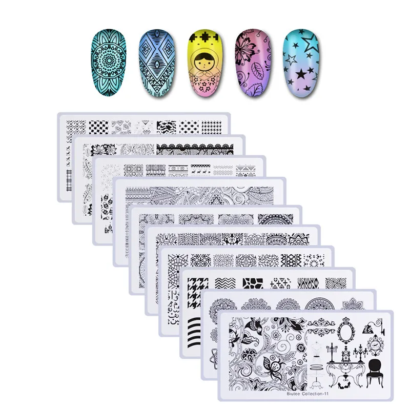 

10 Pcs/Set Biutee Rectangle Nail Stamping Plate Nail Art Stamping Image Plate DIY Stamp Template Nail Stencil Tool Kits