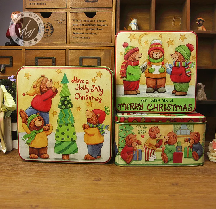 

Amazing beautifully fine splendidly super Christmas square set iron large box baking cookie surger tin three pieces in one set