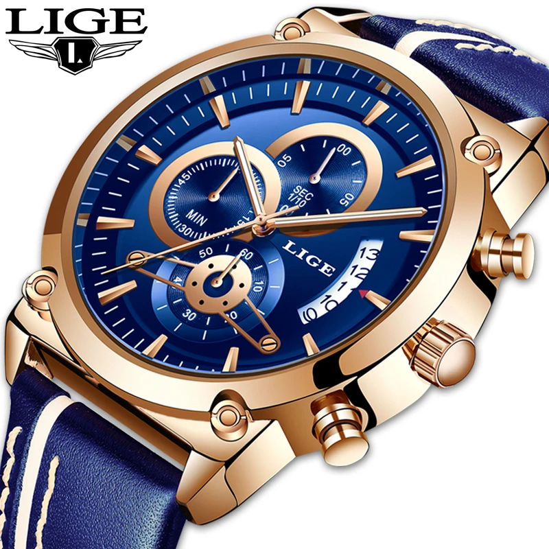 

LIGE Men Quartz Sports Watch With Blue Leather Strap Waterproof Analogue Chronograph Military Watches Man Clock Horloges Mannen