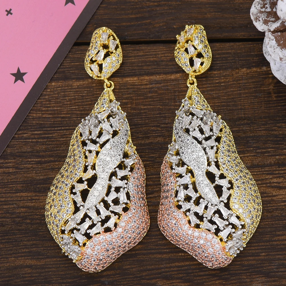 

GODKI 3 Tone African Dangle Drop Earrings Trendy Cubic Zirconia Wedding Engagement Party Indian gold earrings for women 2019