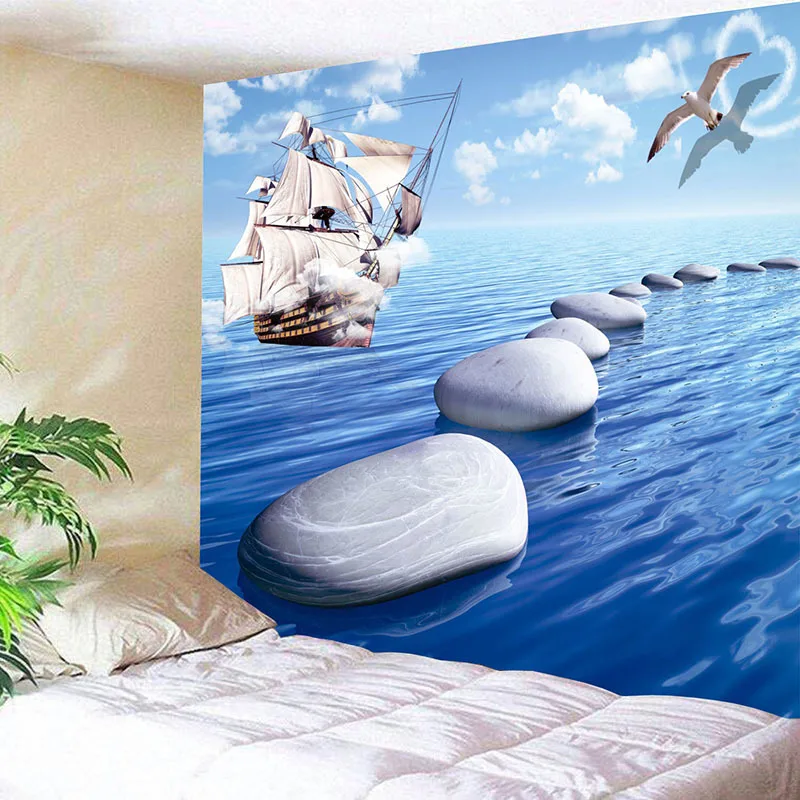 

Sailboat Seagull On White Stone Path On Ocean 3d Blue Tapestry Wall Hanging Astrology Divination Bedspread Beach Mat