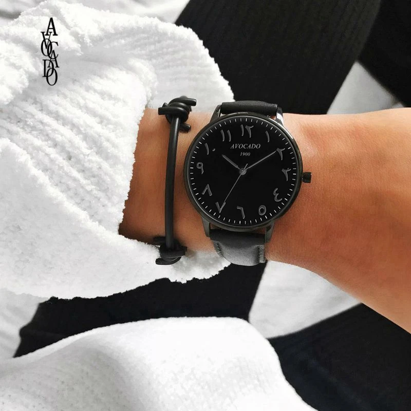 Авокадо хит Новые Арабские мужские часы люксовый бренд кварцевые наручные часы простые модные черные с кожаным ремешком