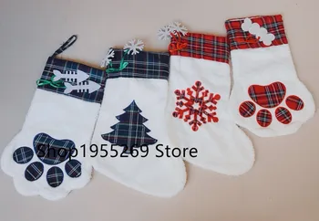 

Burlap Christmas Stockings Wholesale 10pcs/lot Pet Dog Plaid Paw Stocking 2018 Christmas Large Socks Decoration