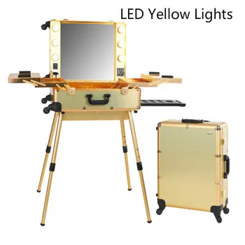 

Gold LED Yellow Lights Professional Makeup Artist Station Box Makeup Train Case with Lights legs Beauty cosmetic Box 2016 New