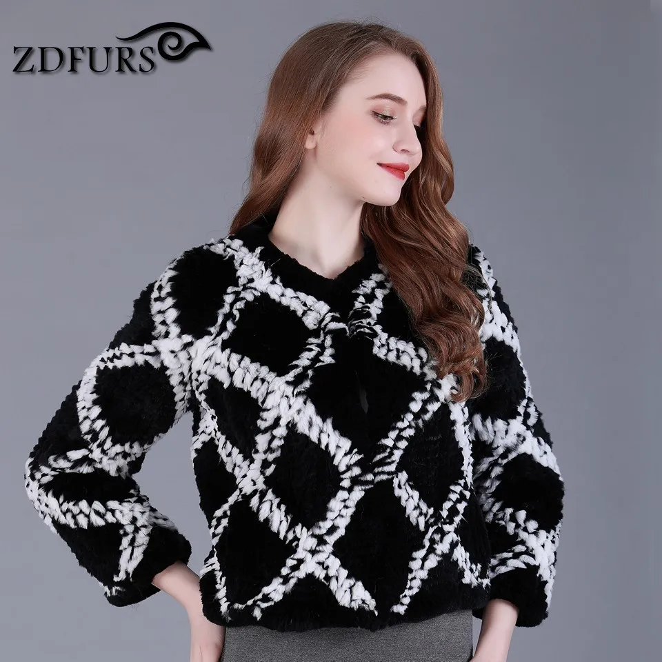 ZDFURS* Новая настоящая вязаная шуба из меха кролика рекс зимняя меховая куртка ручной работы короткая стильная модная женская розовая синяя ZDKR-165020